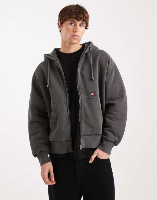 Tommy Jeans flag logo zip up hoodie in washed black , 5 of 5