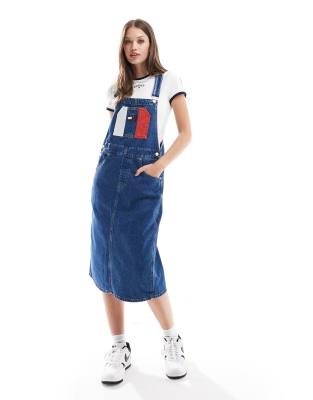 flag overall dress in mid wash-Blue