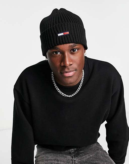 Tommy Jeans flag ribbed beanie hat in black | ASOS