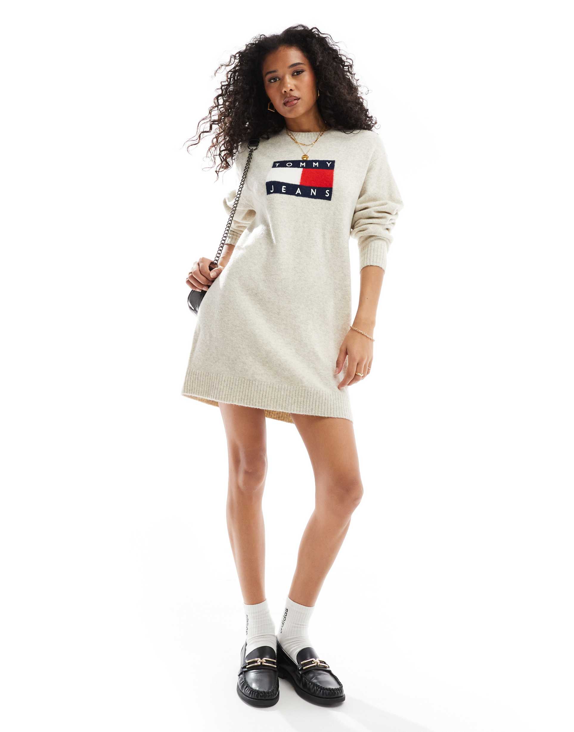 tommy jeans flag sweater dress in off white melange