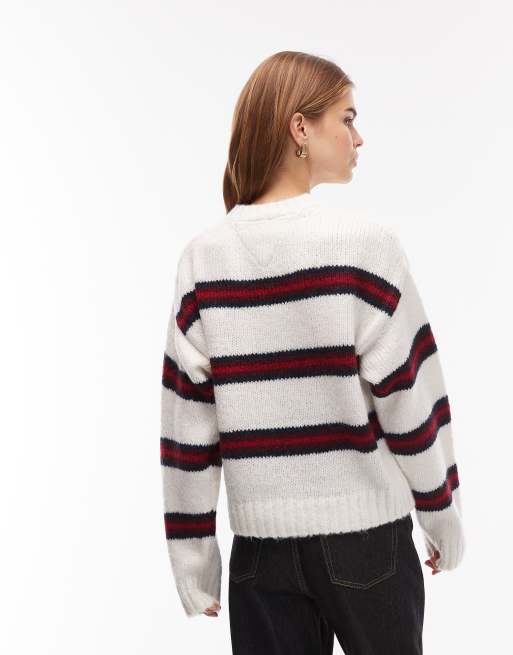Tommy Jeans – Flauschiger Pullover in Weiß mit Streifen ASOS