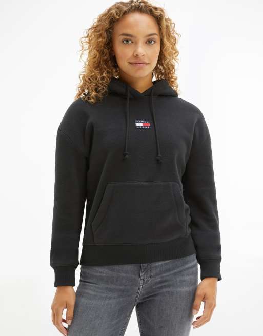 Tommy Jeans fleece flag logo hoodie in black