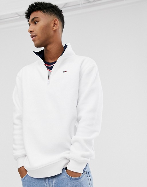 Tommy Jeans fleece half zip sweatshirt in white with small icon logo