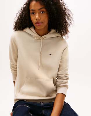 Tommy Jeans - Fleece-Kapuzenpullover in Beige mit Flag-Stickerei und Kordelzug-Neutral
