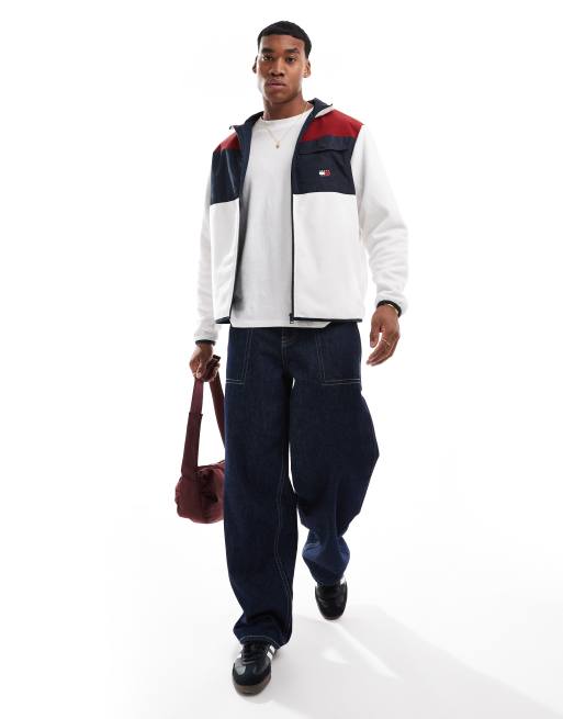 Tommy Jeans – Fleece-Sweatshirt in Hellgrau mit lockerem Schnitt und Blockfarben-Details
