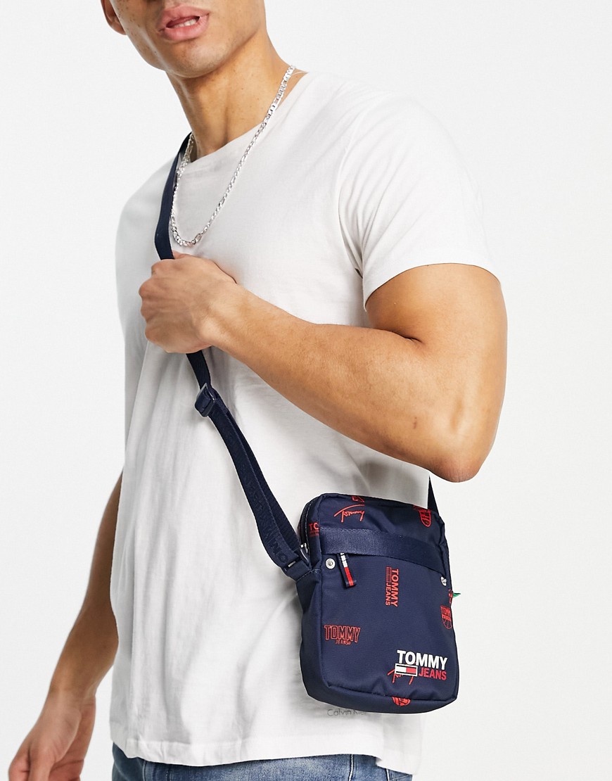 Tommy Jeans flight cross-body bag with all over logo in navy