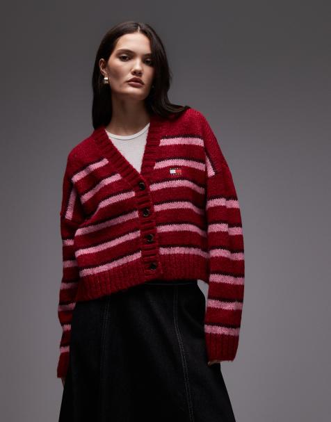 Tommy Jeans fluffy badge cardigan in red and pink stripes - view 1