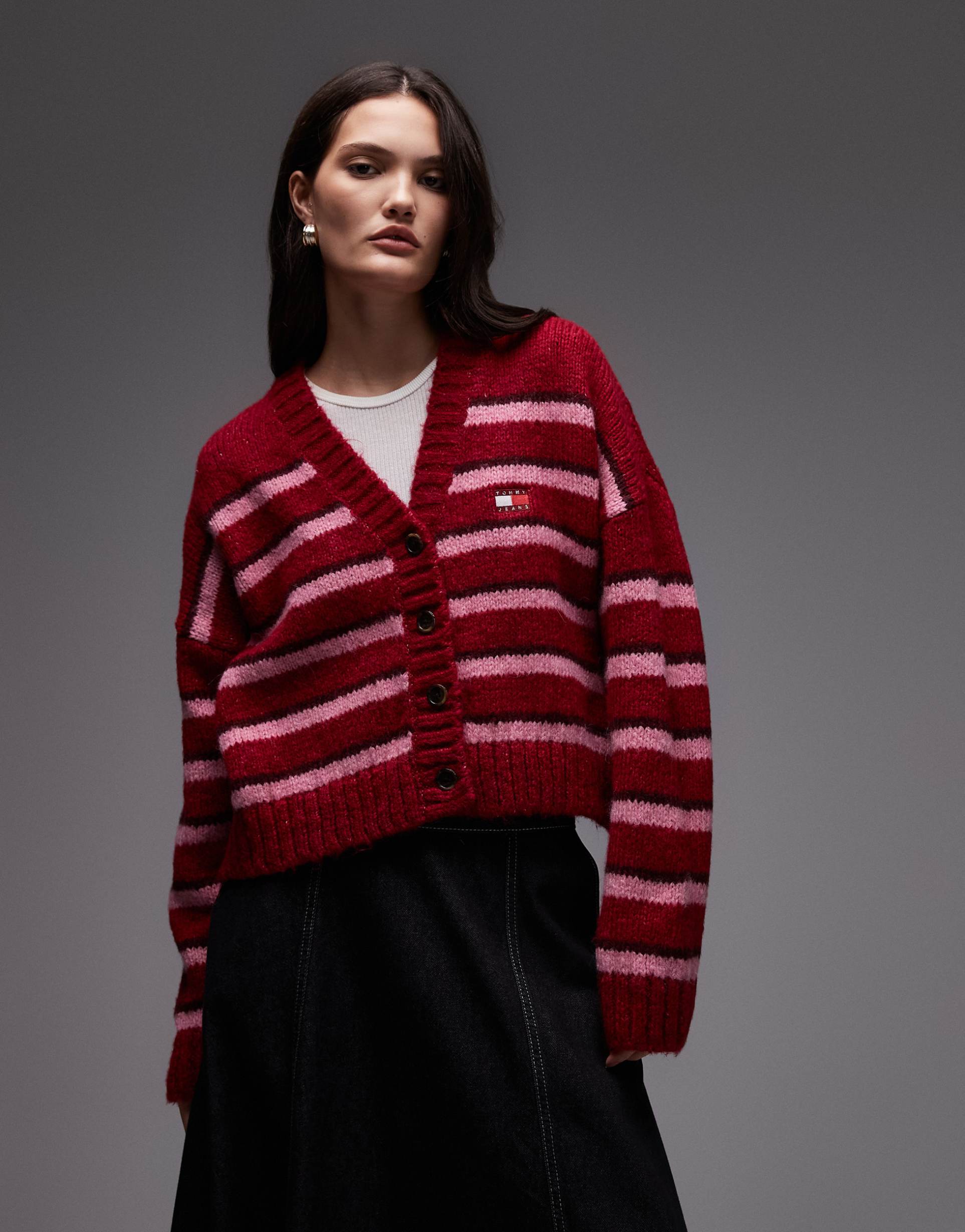 tommy jeans fluffy badge cardigan in red and pink stripes
