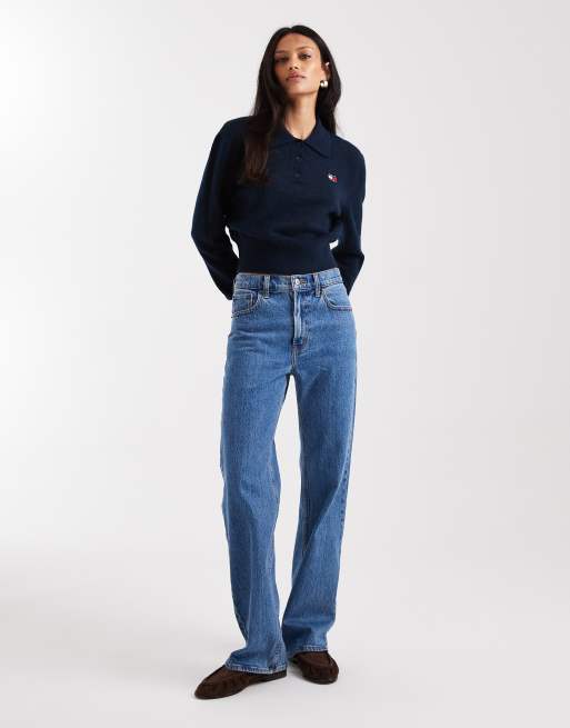 Tommy Jeans fluffy polo jumper in navy, 2 of 4