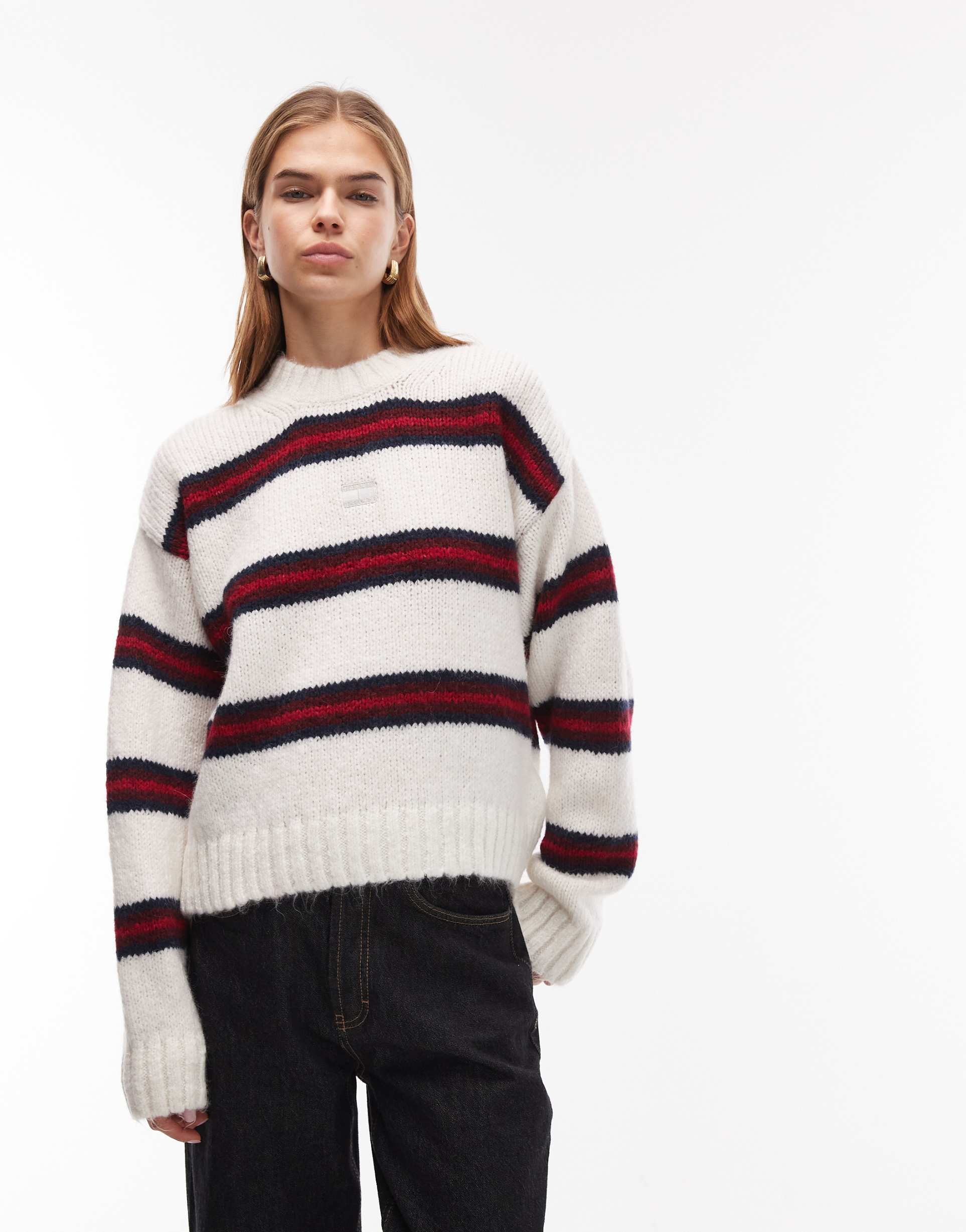 tommy jeans fluffy sweater in white stripes