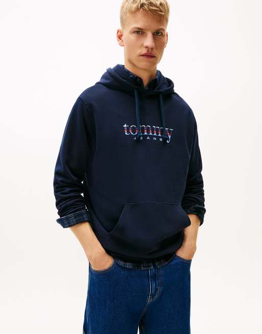 Tommy Jeans – Frottee-Kapuzenpullover in Blau mit Logo und Kordelzug