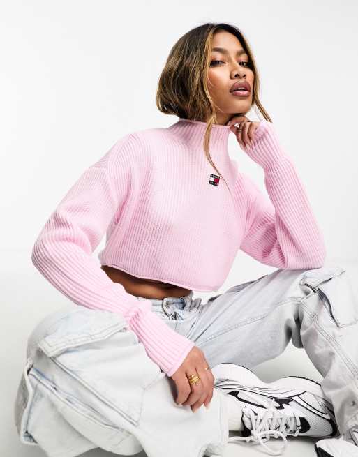 Tommy Jeans garment dye badge rib sweater in pink ASOS