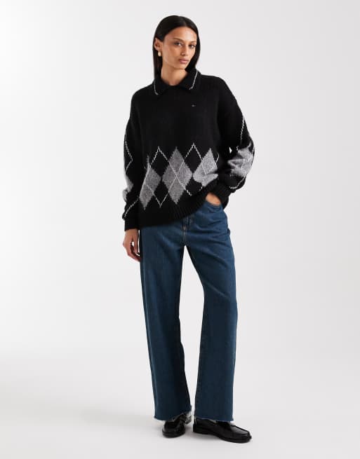 Tommy Jeans - Gebreide polotrui met Argyle-motief in zwart, 2 van 4