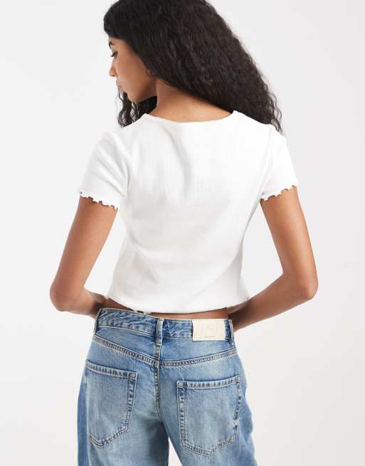 Tommy Jeans - Geribbeld T-shirt met knoopsluiting in wit, 3 van 4
