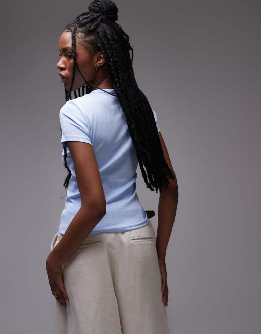 Tommy Jeans - Geribbeld T-shirt met logo in babyblauw, 4 van 4