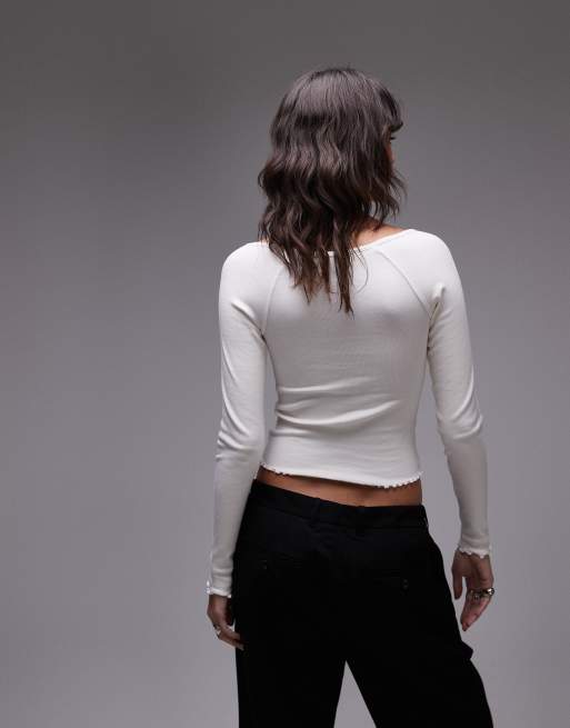 Tommy Jeans - Geribbelde top met geschulpte zoom en lange mouwen in wit, 3 van 4