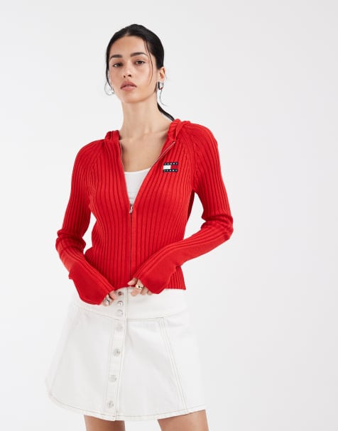 Tommy Jeans – Gerippte Strickjacke in Rot mit Kapuze - view 1