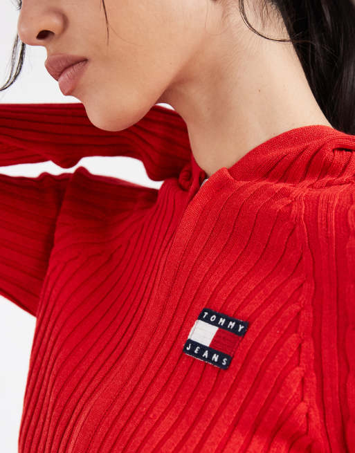 Tommy Jeans – Gerippte Strickjacke in Rot mit Kapuze, 3 von 4