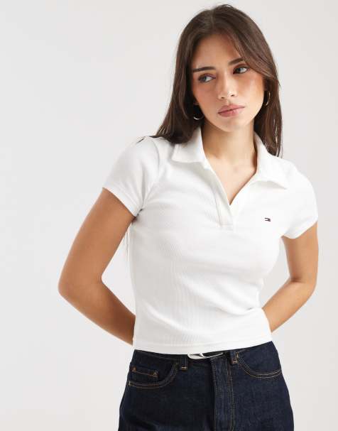 Tommy Jeans – Geripptes Polohemd in gebrochenem Weiß mit schmalem Schnitt - view 1