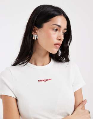 Geripptes T-Shirt in Weiß mit schmalem Schnitt und Logo-Schriftzug Weiß XL