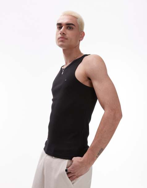 Tommy Jeans – Geripptes Trägershirt in Schwarz mit kleinem Flaggen-Logo - view 1