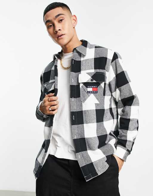 Tommy Jeans - Geruit overshirt van sherpa flanel in wit en zwart
