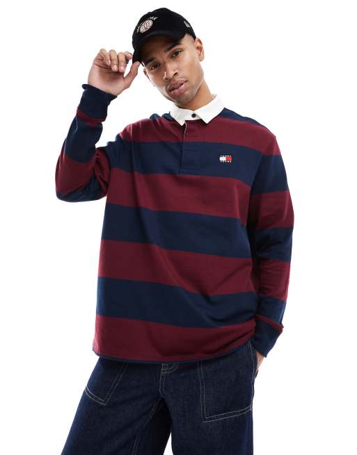 Tommy Jeans - Gestreept rugbyshirt in marineblauw en bordeauxrood