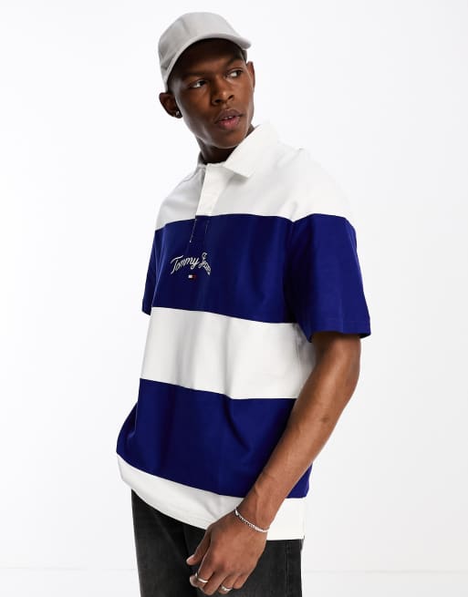 Tommy Jeans - Gestreept skate-poloshirt met serif-logo in blauw, 4 van 4