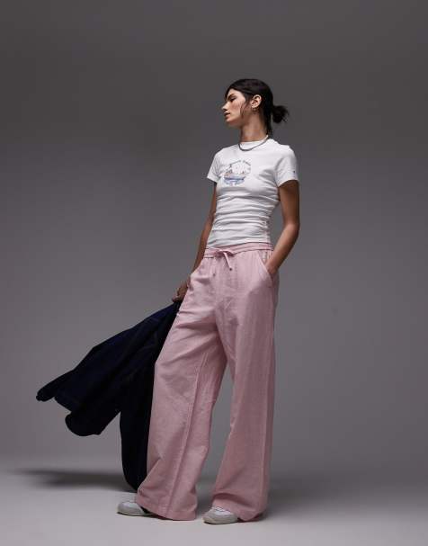 Tommy Jeans - Gestreepte broek van linnenmix met wijde pijpen in roze en wit - view 1