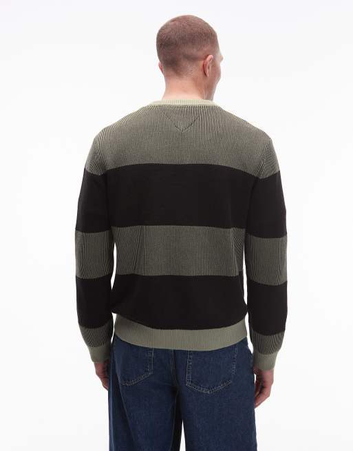 Tommy Jeans - Gestreepte trui met wafelstructuur in saliegroen en zwart, 3 van 5