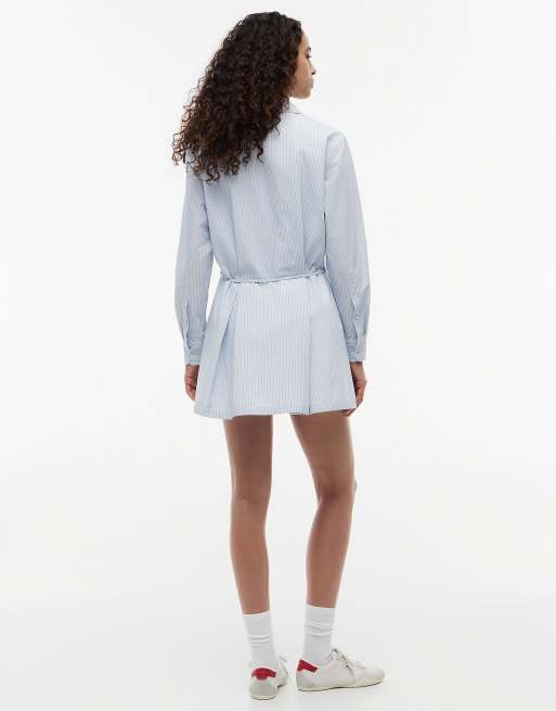 Tommy Jeans gestreiftes, plissiertes Mini-Hemdkleid in Hellblau, 4 von 6