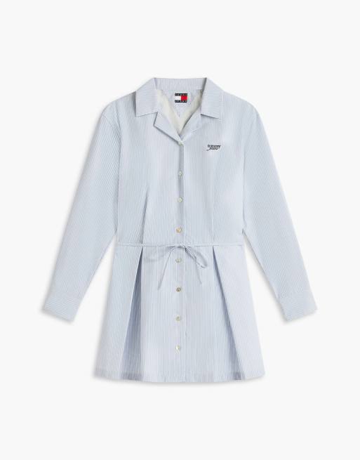 Tommy Jeans gestreiftes, plissiertes Mini-Hemdkleid in Hellblau, 5 von 6
