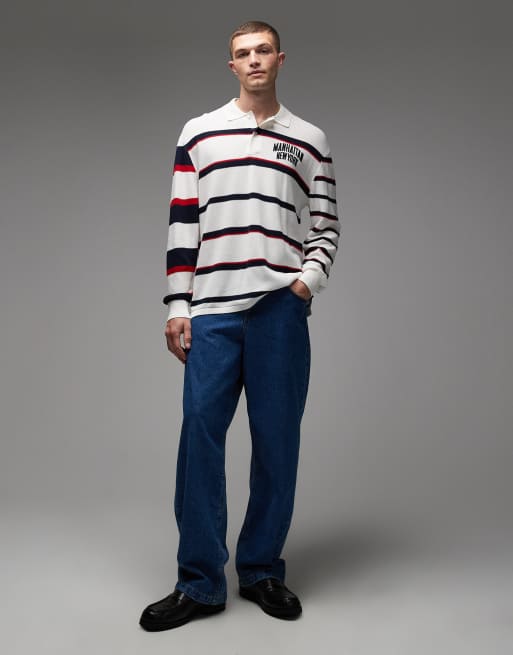 Tommy Jeans – Gestreiftes Polo-Sweatshirt in wollweißer und marineblauer Strickoptik, 2 von 5