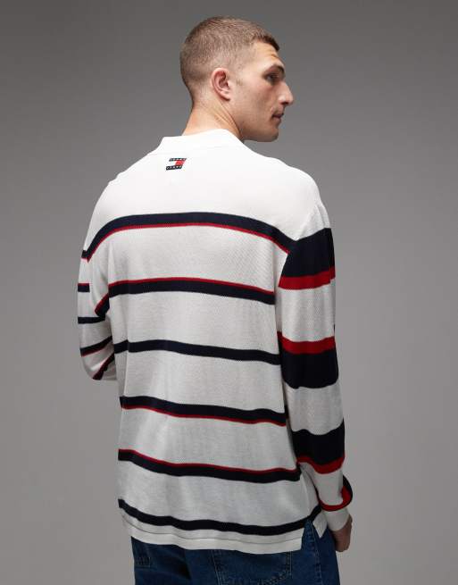 Tommy Jeans – Gestreiftes Polo-Sweatshirt in wollweißer und marineblauer Strickoptik, 3 von 5