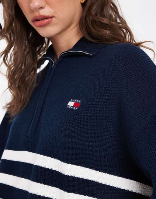Tommy Jeans – Gestreiftes Sweatshirt in Marineblau mit kurzem Reißverschluss, 3 von 4