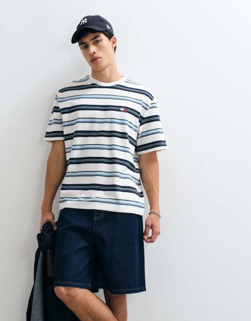 Tommy Jeans – Gestreiftes T-Shirt in Weiß/Blau mit Logo-Aufnäher, 3 von 5