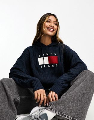 Tommy Jeans center flag logo cable knit hoodie in navy - ASOS Price Checker