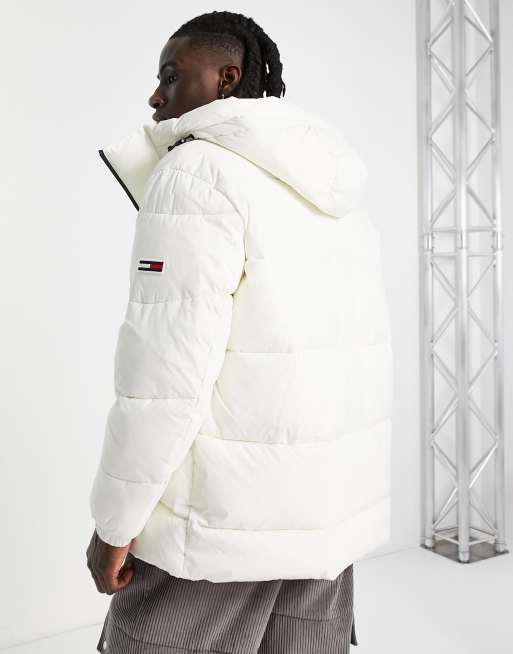 Tommy Jeans - Gewatteerd jack met capuchon en asymmetrische rits in gebroken wit