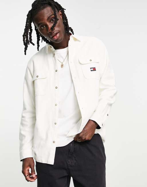 Tommy Jeans - Giacca comoda in twill spazzolato bianco sporco con etichetta con logo, 4 di 4
