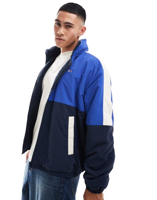 Tommy Jeans - Giacca double-face blu colorblock in pile borg