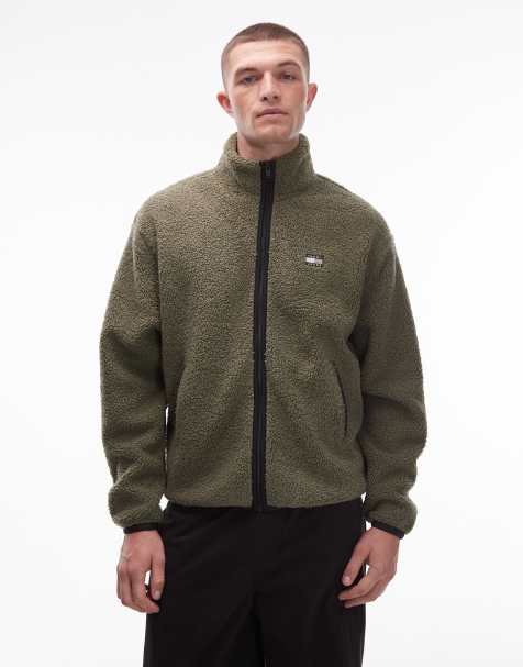 Tommy Jeans - Giacca in pile effetto peluche verde scuro con zip e logo - view 1