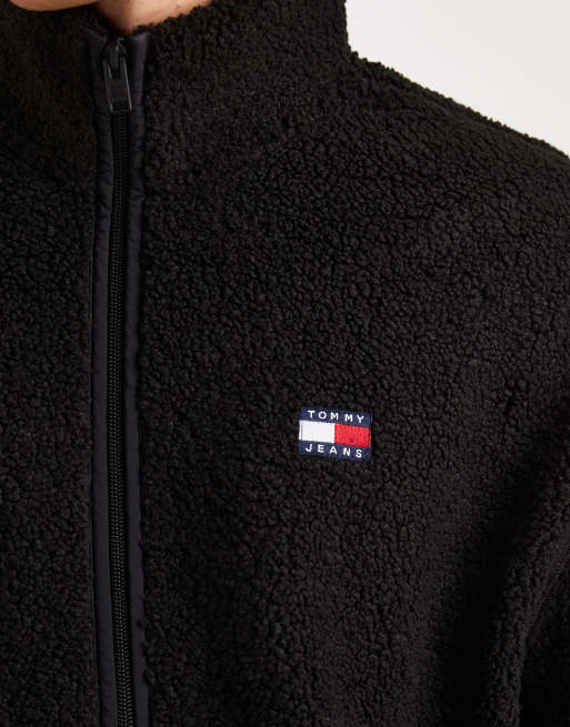 Tommy Jeans - Giacca in tessuto effetto peluche nera con zip e logo sul petto, 5 di 5