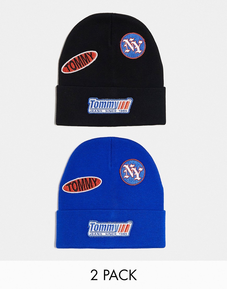 Tommy Jeans gift 2 pack sport beanies in black and blue