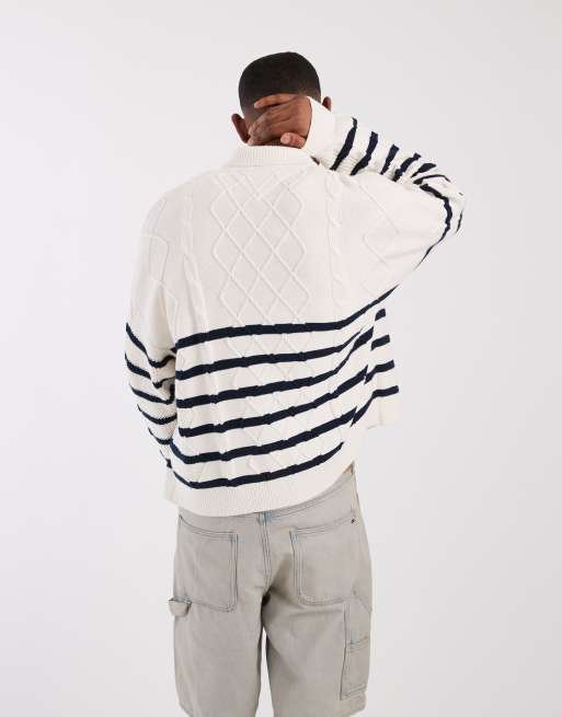 Tommy Jeans - Gilet décontracté en maille torsadée à rayures - Crème et bleu marine, 3 de 5