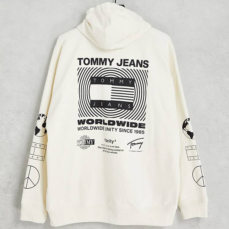 Tommy Jeans global unites logo relaxed fit hoodie in off white | ASOS