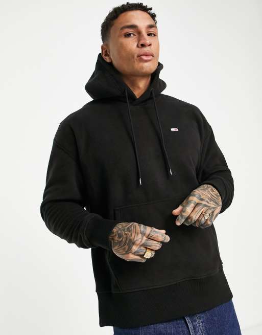 Tommy Jeans globe back print polar fleece hoodie relaxed fit in black