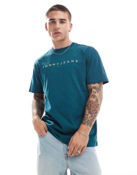Tommy Jeans gold linear logo t-shirt in green - view 1