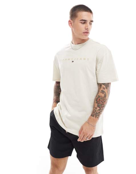 Tommy Jeans gold linear logo t-shirt in off white - view 1