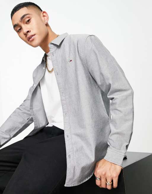 Tommy Jeans – Grå, klassisk oxfordskjorta med flagglogga
