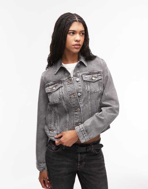 Tommy Jeans – Grå, tvättad truckerjacka i denim med flaggtryck baktill, 4 av 4